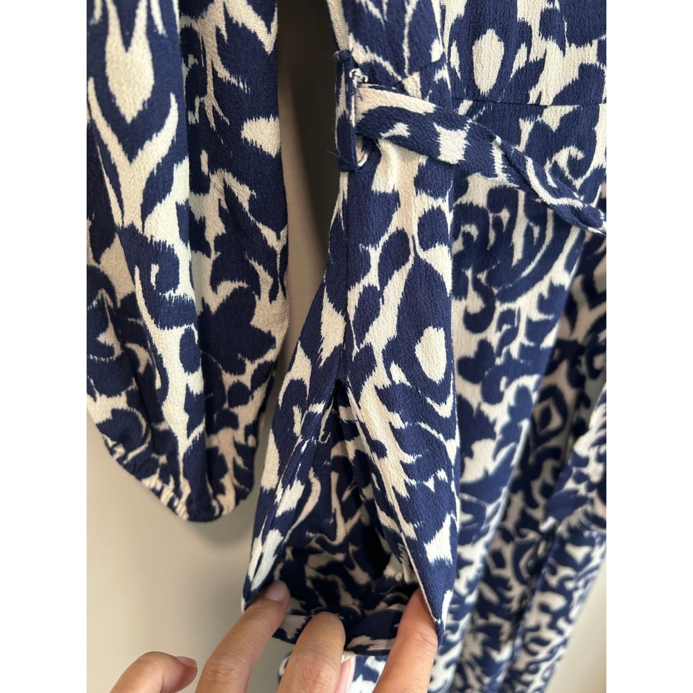 Zara Blue White Damask Printed Midi Maxi Shirt Dress Small Tie Waist Boho Resort - Picture 5 of 8